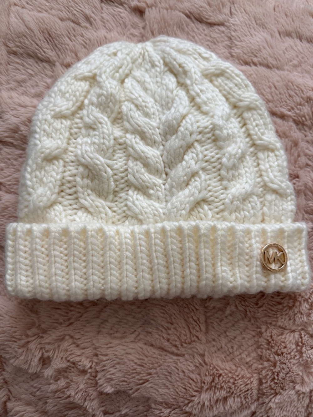 Michael Kors Ivory Cable Knit Beanie with Gold Logo